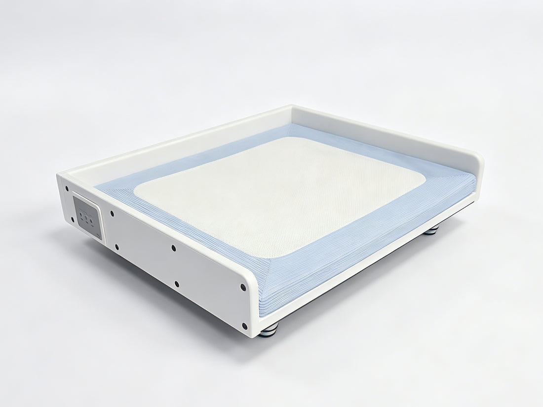White feyoopet pet bed with a blue cushion, white center panel and side control panel