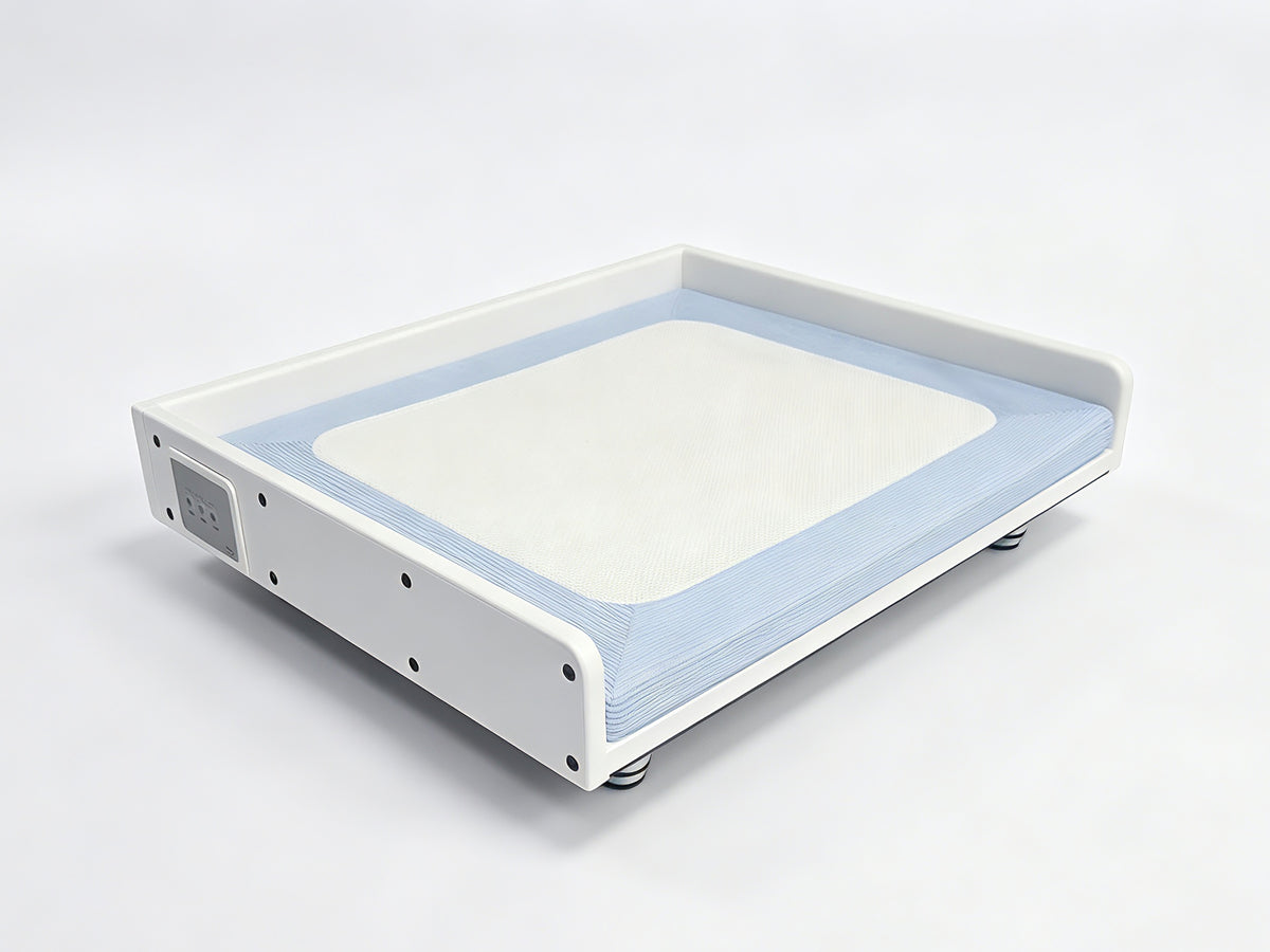 White feyoopet pet bed with a blue cushion, white center panel and side control panel
