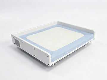 White feyoopet pet bed with a blue cushion, white center panel and side control panel